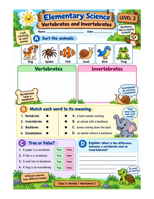 vertebrates and invertebrates — free printable animals worksheet for kids