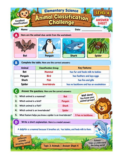 animal classification challenge — free printable animals worksheet for kids answer key
