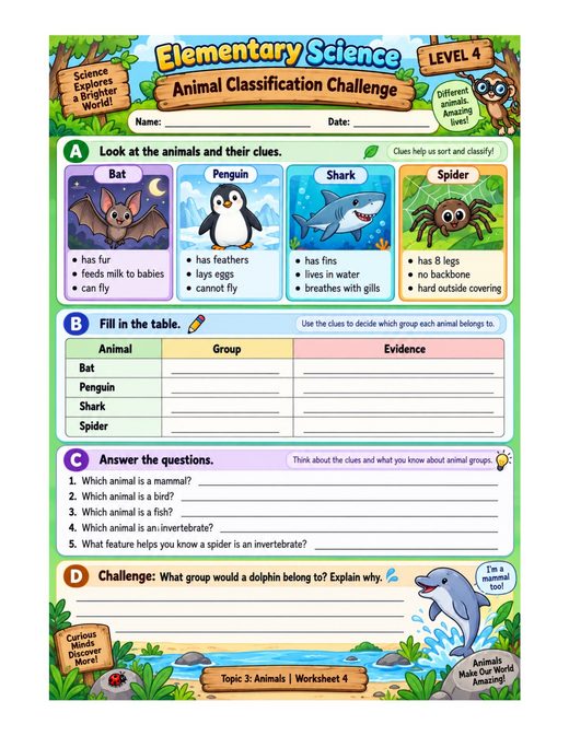 animal classification challenge — free printable animals worksheet for kids