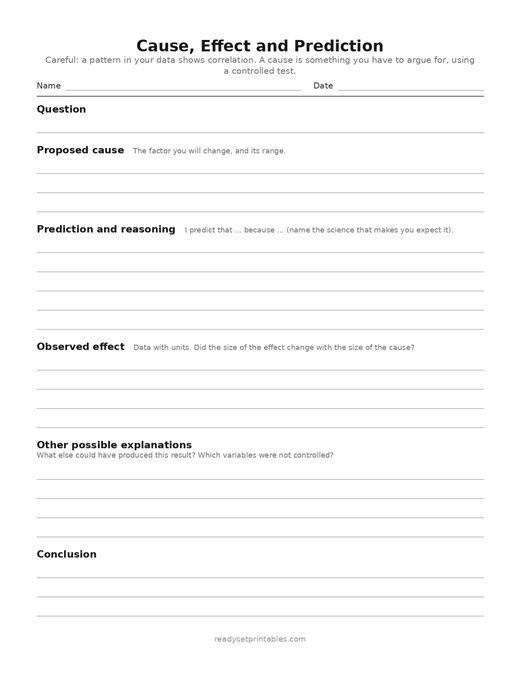 cause, effect and prediction — template (ages 11–14) — free printable science worksheet