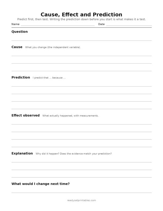 cause, effect and prediction — template (ages 8–10) — free printable science worksheet