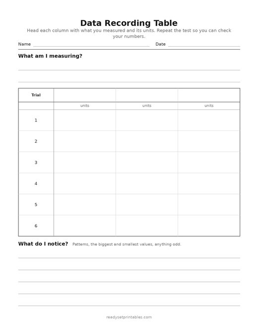 data recording table — template (ages 8–10) — free printable science worksheet