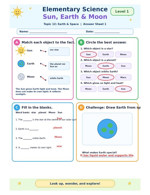 sun, earth and moon — free printable earth and space worksheet for kids answer key