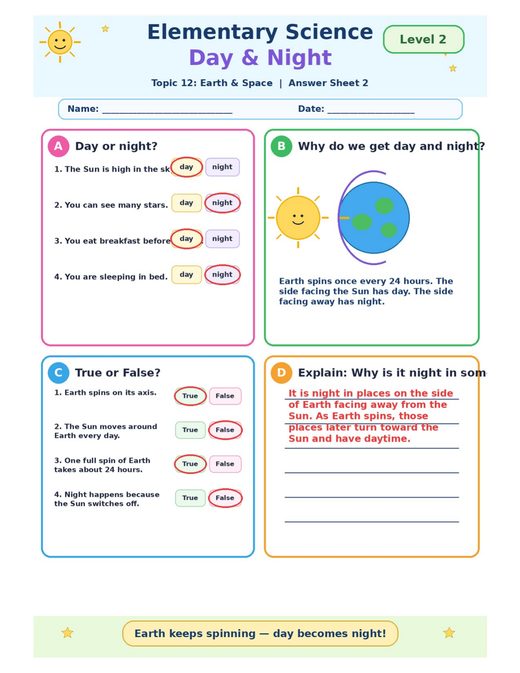 day and night — free printable earth and space worksheet for kids answer key