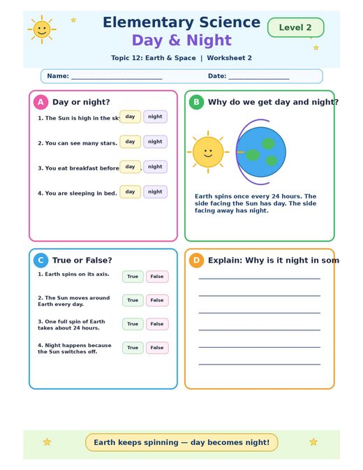 day and night — free printable earth and space worksheet for kids