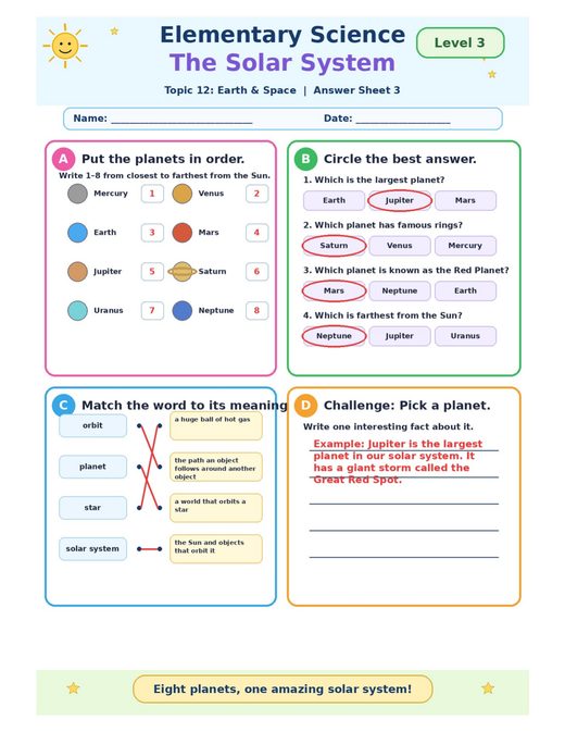 the solar system — free printable earth and space worksheet for kids answer key