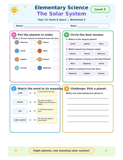 the solar system — free printable earth and space worksheet for kids