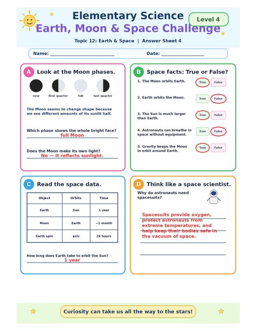 earth, moon and space challenge — free printable earth and space worksheet for kids answer key