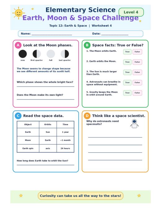 earth, moon and space challenge — free printable earth and space worksheet for kids