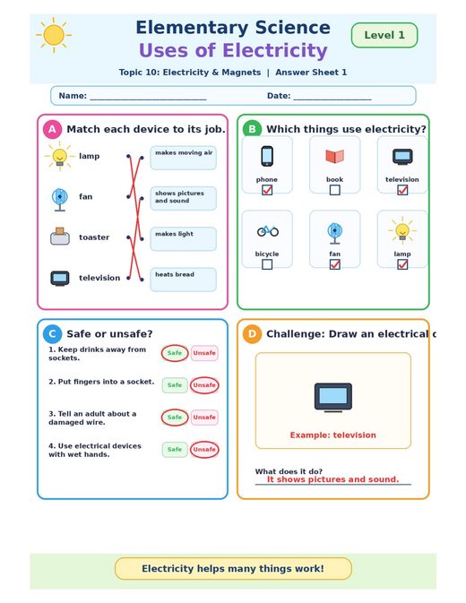 uses of electricity — free printable electricity and magnets worksheet for kids answer key