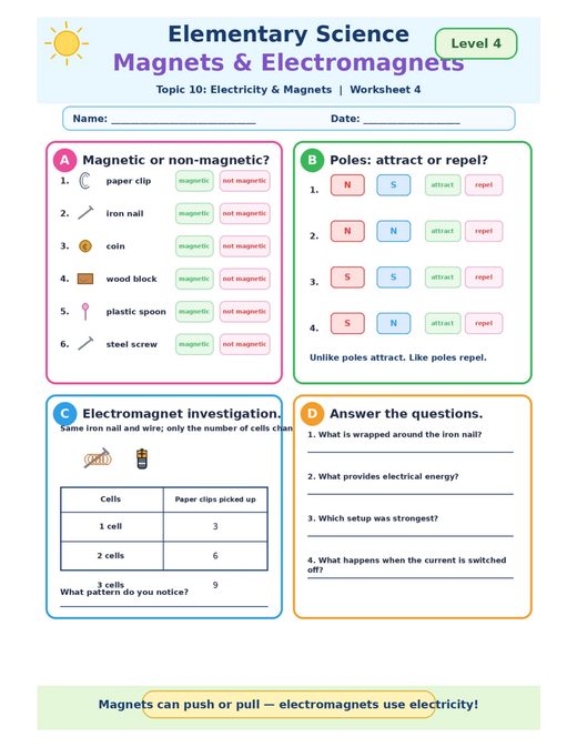 magnets and electromagnets — free printable electricity and magnets worksheet for kids