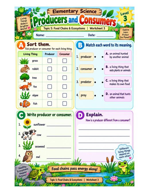 producers and consumers — free printable food chains and ecosystems worksheet for kids