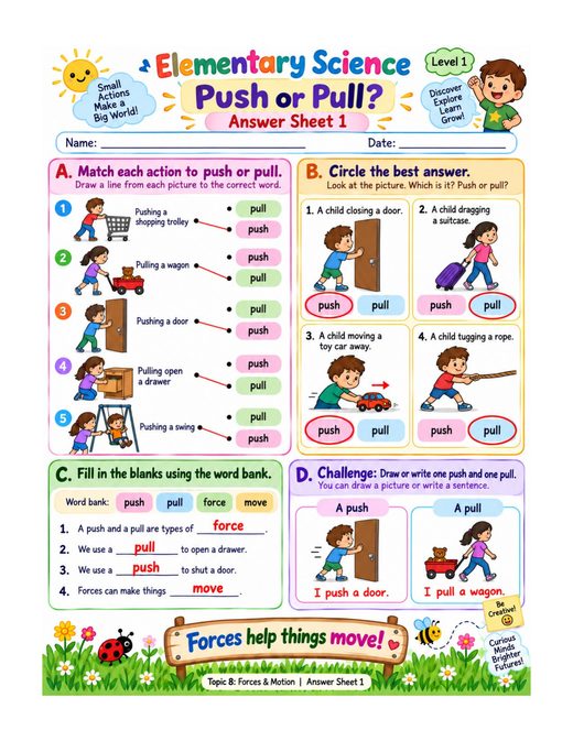 push or pull? — free printable forces and motion worksheet for kids answer key