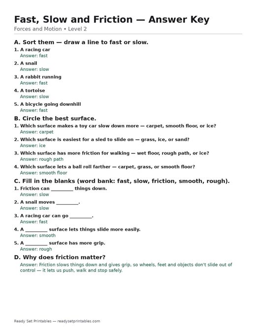 fast, slow and friction — free printable forces and motion worksheet for kids answer key