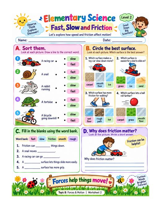 fast, slow and friction — free printable forces and motion worksheet for kids