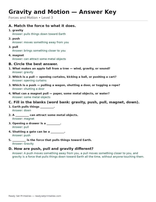 gravity and motion — free printable forces and motion worksheet for kids answer key