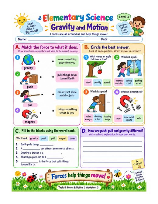 gravity and motion — free printable forces and motion worksheet for kids