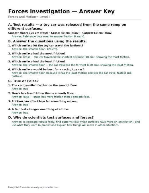 forces investigation — free printable forces and motion worksheet for kids answer key