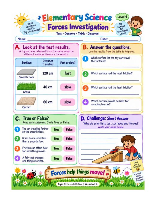 forces investigation — free printable forces and motion worksheet for kids