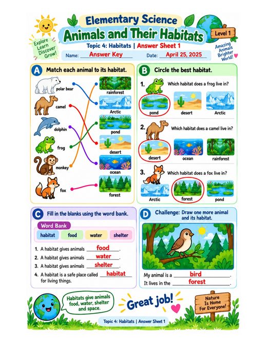 animals and their habitats — free printable habitats worksheet for kids answer key