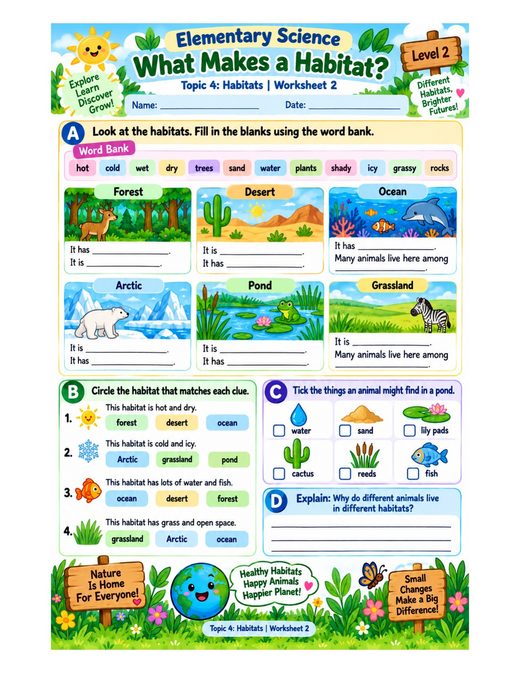 what makes a habitat? — free printable habitats worksheet for kids