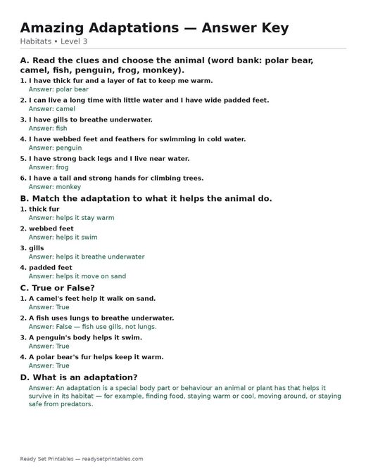 amazing adaptations — free printable habitats worksheet for kids answer key