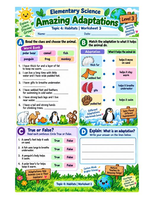 amazing adaptations — free printable habitats worksheet for kids