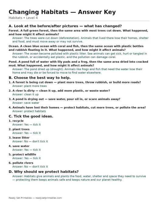 changing habitats — free printable habitats worksheet for kids answer key