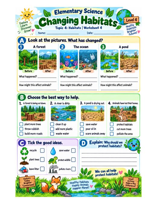 changing habitats — free printable habitats worksheet for kids