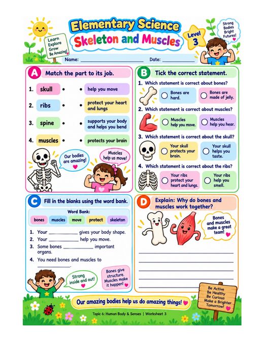 skeleton and muscles — free printable human body and senses worksheet for kids