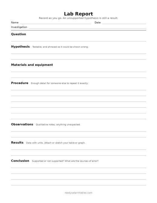 lab report — template (ages 11–14) — free printable science worksheet