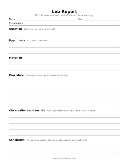 lab report — template (ages 8–10) — free printable science worksheet