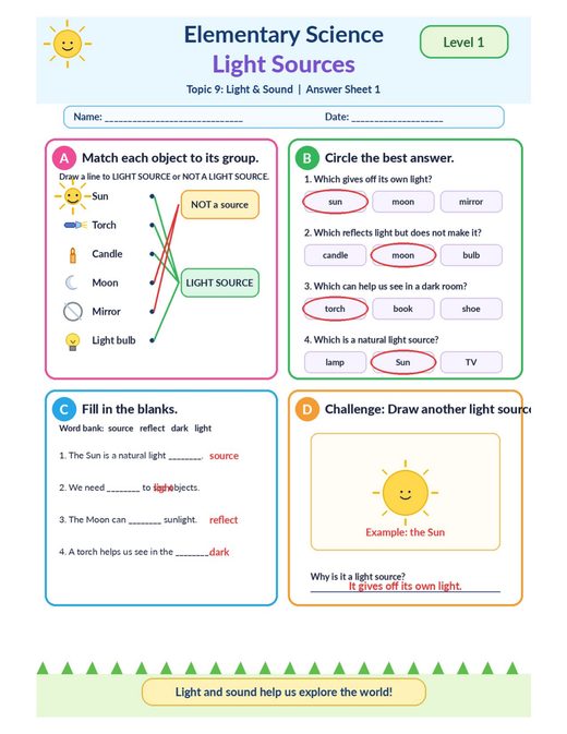 light sources — free printable light and sound worksheet for kids answer key
