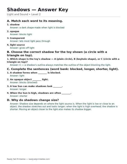 shadows — free printable light and sound worksheet for kids answer key