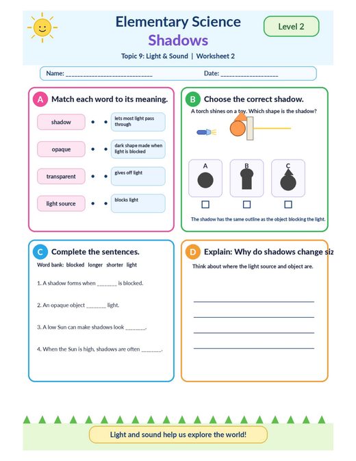 shadows — free printable light and sound worksheet for kids