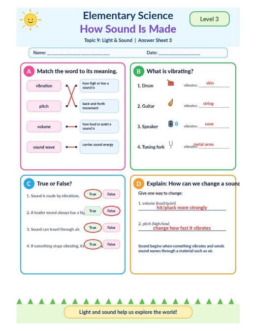 how sound is made — free printable light and sound worksheet for kids answer key