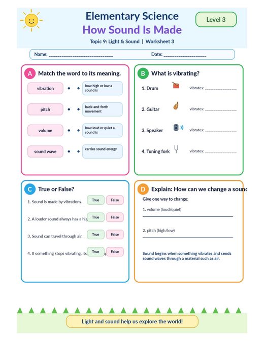 how sound is made — free printable light and sound worksheet for kids