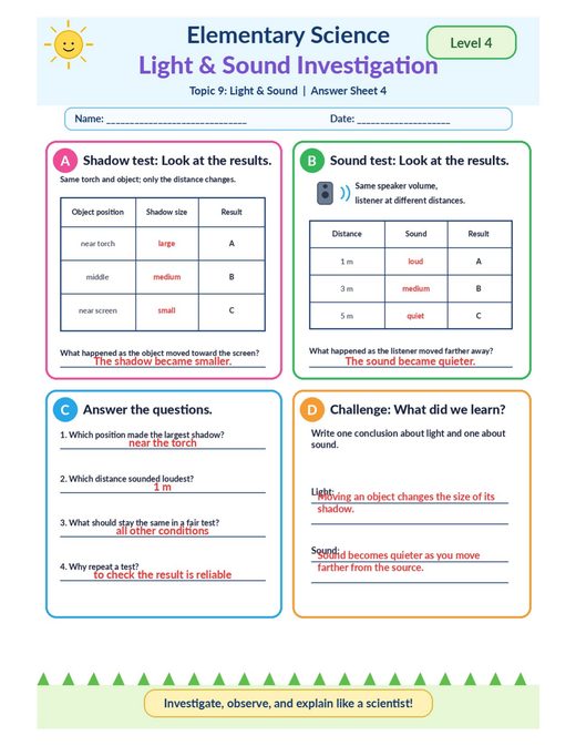 light and sound investigation — free printable light and sound worksheet for kids answer key