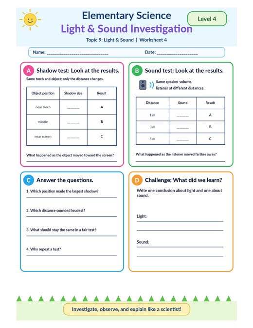 light and sound investigation — free printable light and sound worksheet for kids