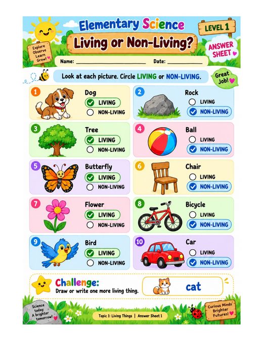 living or non-living? — free printable living things worksheet for kids answer key
