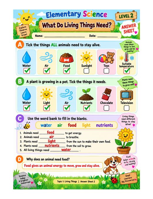 what do living things need? — free printable living things worksheet for kids answer key