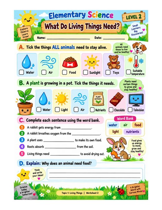 what do living things need? — free printable living things worksheet for kids