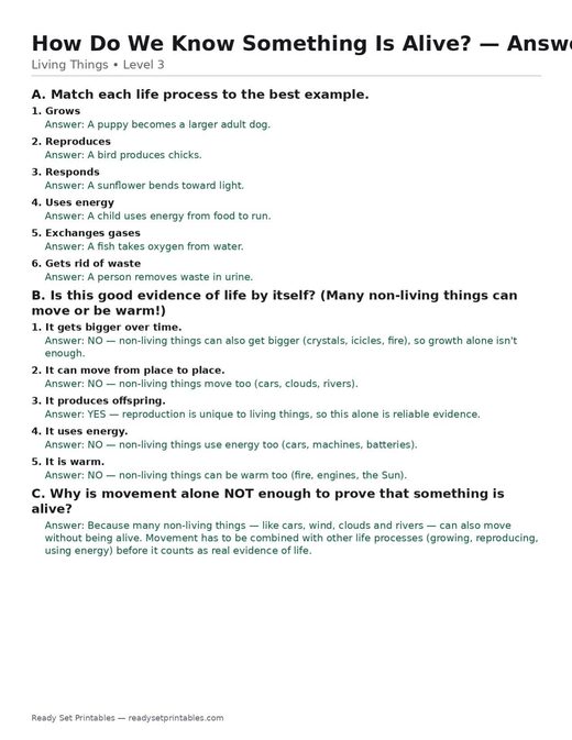 how do we know something is alive? — free printable living things worksheet for kids answer key
