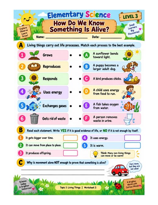 how do we know something is alive? — free printable living things worksheet for kids