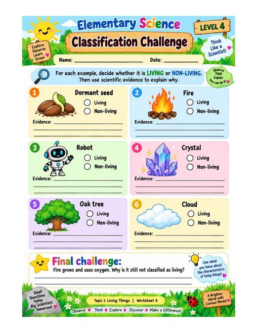 classification challenge — free printable living things worksheet for kids