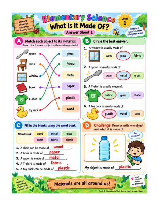 what is it made of? — free printable materials and their properties worksheet for kids answer key