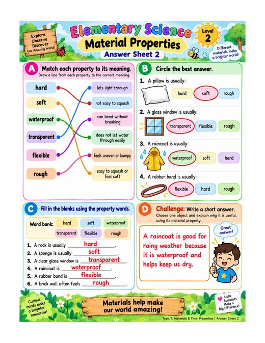 material properties — free printable materials and their properties worksheet for kids answer key