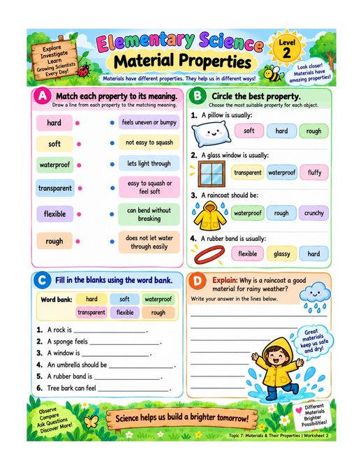 material properties — free printable materials and their properties worksheet for kids