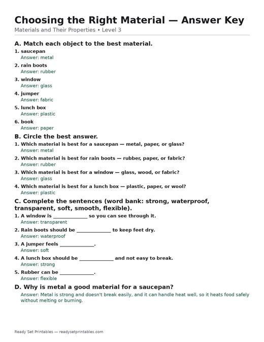 choosing the right material — free printable materials and their properties worksheet for kids answer key
