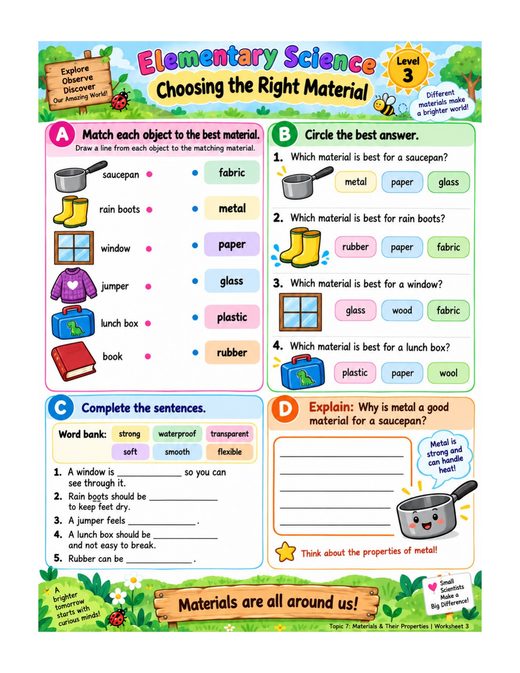 choosing the right material — free printable materials and their properties worksheet for kids